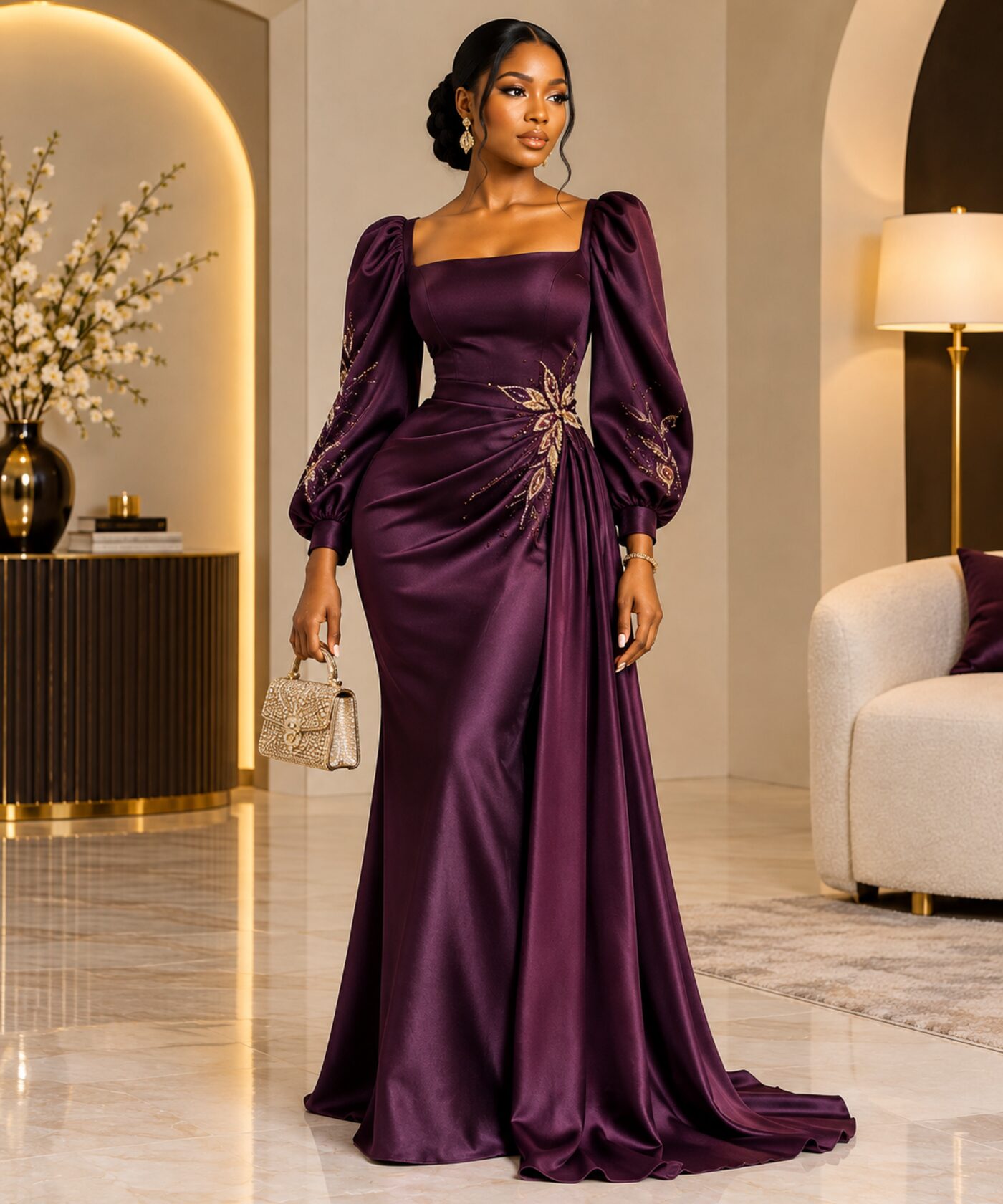 Model wearing a Clara Loreva plum satin gown with beaded detailing